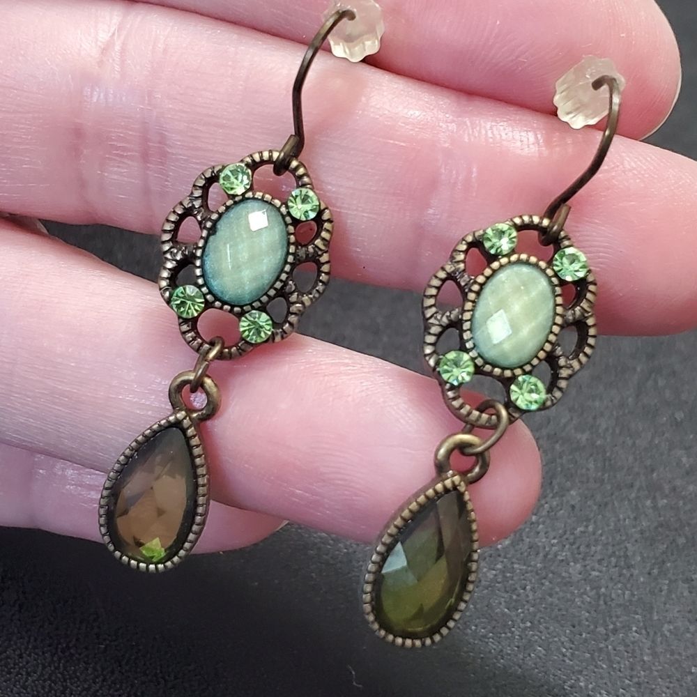Gold tone green bead rhinestone earrings
